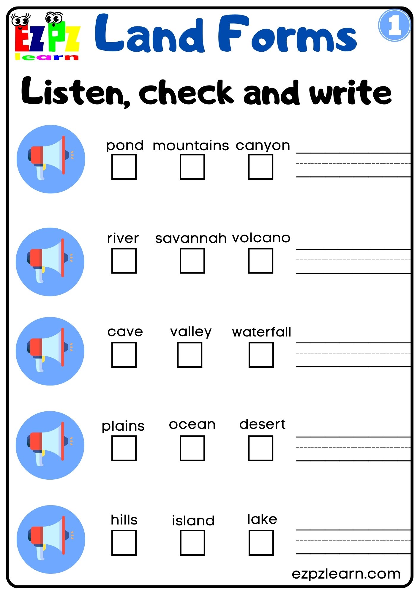 Land Forms Vocabulary Interactive Worksheet Listen, Check and Write the